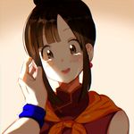  black_eyes black_hair blush chi-chi_(dragon_ball) china_dress chinese_clothes dragon_ball dress earrings face highres jewelry kachu looking_at_viewer open_mouth sidelocks solo_focus son_gokuu sweatband tears topknot 