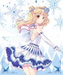  arm_warmers bell blonde_hair brown_eyes dress fairy fairy_wings flower hair_flower hair_ornament highres holding holding_staff jewelry looking_back mystmu necklace original smile snowflakes solo staff standing tiara white_background white_dress wings 