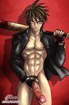  1boy abs baseball_bat blood bottomless brown_hair erection gloves highschool_of_the_dead komuro_takashi large_penis looking_at_viewer muscle naughty_face necklace penis penis_grab phausto school_uniform solo student undressing 
