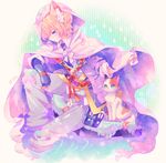  animal_ears armor blonde_hair blue_eyes cat cat_ears hood japanese_armor kemonomimi_mode komusun kote male_focus outstretched_arm rain shared_clothes sitting smile soaking_feet star touken_ranbu water yamanbagiri_kunihiro 