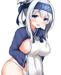  :d ainu ainu_clothes blue_eyes blush breasts cropped_jacket don_(29219) dress folded_ponytail fundoshi headband japanese_clothes kamoi_(kantai_collection) kantai_collection large_breasts lifted_by_self long_hair long_sleeves looking_at_viewer open_mouth sidelocks simple_background skirt skirt_lift sleeveless sleeveless_dress smile solo thick_eyebrows white_dress white_hair 