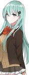  aqua_eyes blush bow bowtie collared_shirt commentary_request cowboy_shot frilled_skirt frills green_eyes green_hair hair_between_eyes hair_ornament hairclip highres jacket kantai_collection long_hair long_sleeves looking_at_viewer morinaga_miki red_bow red_neckwear remodel_(kantai_collection) ribbed_sweater shirt simple_background skirt smile solo suzuya_(kantai_collection) sweater white_background 