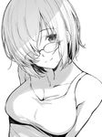  1girl bangs blush bokokichi_(you) breasts closed_mouth collarbone fate/grand_order fate_(series) glasses greyscale hair_over_one_eye large_breasts light_smile looking_at_viewer monochrome shade shielder_(fate/grand_order) short_hair smile solo tank_top upper_body 