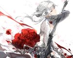  breasts commentary_request dress eyebrows_visible_through_hair floating_hair flower from_side fukuda935 gloves grey_gloves half-closed_eyes heart long_hair looking_to_the_side medium_breasts parted_lips red_flower red_rose rose sinoalice snow_white_(sinoalice) solo white_dress white_hair yellow_eyes 