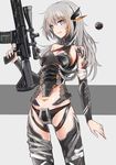  armor bad_id bad_pixiv_id bangs battle_rifle bikini_armor black_legwear black_panties bodysuit breasts brown_hair commentary_request cowboy_shot detached_sleeves eyebrows_visible_through_hair grey_eyes grey_hair gun halterneck headgear heckler_&amp;_koch highlights highres hk417 holding holding_gun holding_weapon legs_apart long_hair looking_at_viewer mecha_musume medium_breasts multicolored_hair open_mouth original panties revealing_clothes rifle science_fiction scope silver_hair smile sniper_rifle solo streaked_hair swav thighhighs trigger_discipline underwear weapon 