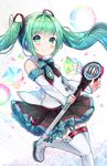  boots detached_sleeves floating_hair green_eyes green_hair hatsune_miku highres long_hair magical_mirai_(vocaloid) microphone namuya_(dlcjfgns456) skirt smile solo thigh_boots thighhighs twintails vocaloid white_background 