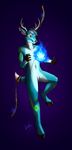  anthro blue_eyes blue_fur cervine deer featureless_crotch fur hooves male mammal purple_background simple_background smile solo wolfirry 