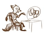  2017 anthro bluedouble brown_and_white canine card chair cheating clothed clothing crossed_legs disney eyes_closed fox male mammal monochrome nick_wilde open_mouth open_smile playing_card simple_background sitting smile solo table white_background zootopia 