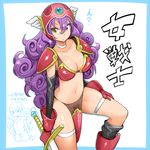  armor bikini_armor blue_border border breasts cleavage closed_eyes curly_hair dragon_quest dragon_quest_iii helmet highres holding holding_sword holding_weapon large_breasts long_hair nac000 navel partially_translated pauldrons purple_hair red_armor soldier_(dq3) solo sword translation_request weapon yellow_eyes 