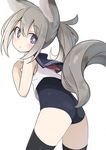  :o abarabone animal_ears ass bangs black_legwear blouse blush commentary_request eyebrows_visible_through_hair from_behind grey_background grey_hair hair_between_eyes hands_up highres long_hair looking_at_viewer looking_back one-piece_swimsuit original parted_lips ponytail purple_eyes school_swimsuit school_uniform serafuku sidelocks simple_background sleeveless sleeveless_blouse solo swimsuit swimsuit_under_clothes tail thighhighs thighs 
