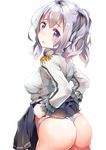  ass black_skirt epaulettes hair_between_eyes henet_hene jacket kantai_collection kashima_(kantai_collection) long_sleeves military military_uniform open_mouth panties pleated_skirt purple_eyes short_hair silver_hair simple_background skirt solo two_side_up underwear uniform white_background white_jacket white_panties 