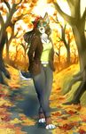  anthro barefoot black_hair black_nose blue_eyes breasts canine clothed clothing day detailed_background dog eyebrows female forest hair inner_ear_fluff mammal outside red_hair smile solo tree wolfirry 