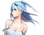  bangs bare_shoulders blue_eyes blue_hair earrings hair_between_eyes hair_ornament hairclip jewelry long_hair looking_away luen_kulo parted_lips profile side_ponytail signature simple_background solo upper_body white_background 