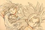  1girl arm_behind_head caulifla check_commentary color_trace commentary commentary_request dougi dragon_ball dragon_ball_super graphite_(medium) highres looking_at_another looking_back oono_tsutomu_(animator) pout signature son_gokuu spiked_hair traditional_media 