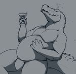  2015 2016 4_fingers albino alcohol alligator anthro beverage black_and_white bulge claws crocodilian drunk evalion holding_object male monochrome nude reptile scales scalie shigeru_hisakawa slightly_chubby smile solo teeth thick_tail tongue tongue_out 