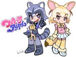  animal_ears black_hair blonde_hair bow bowtie common_raccoon_(kemono_friends) fang fennec_(kemono_friends) fox_ears fox_tail gloves kemono_friends kiichi multicolored_hair multiple_girls open_mouth panty_&amp;_stocking_with_garterbelt pantyhose parody pointing pointing_at_viewer raccoon_ears raccoon_tail serval serval_(kemono_friends) short_hair skirt smile style_parody tail translated 