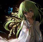  absurdres androgynous bad_id bad_pixiv_id bangs branch brown_eyes bug butterfly commentary_request enkidu_(fate/strange_fake) fate/strange_fake fate_(series) green_hair hair_between_eyes hand_on_own_cheek hand_up highres insect japanese_clothes leaf long_hair solo swav upper_body wide_sleeves 
