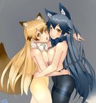  :o animal_ears arm_up asymmetrical_docking black_legwear blue_bow blue_hair blue_neckwear blush bow bowtie breast_press breasts brown_hair commentary cowboy_shot embarrassed eyebrows_visible_through_hair ezo_red_fox_(kemono_friends) fox_ears fox_tail from_side grey_background hand_on_another's_hip highres kemono_friends light_frown long_hair looking_at_viewer looking_to_the_side medium_breasts multiple_girls open_mouth pantyhose raised_eyebrows s.u._(zxsa147852369) shiny shiny_hair sideboob signature silver_fox_(kemono_friends) silver_hair simple_background small_breasts standing tail thighband_pantyhose topless very_long_hair white_bow white_neckwear yellow_legwear 