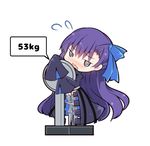  @_@ beni_shake blue_bow blue_ribbon blush bow chibi commentary_request embarrassed eyebrows_visible_through_hair fate/grand_order fate_(series) hair_bow long_hair looking_at_viewer meltlilith open_mouth purple_hair ribbon solo speech_bubble weighing_scale weight 