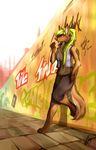  barefoot brown_fur canine day detailed_background digitigrade dog fur green_hair hair leaning mammal outside purple_eyes purple_nose wolfirry 