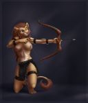  5_fingers anthro areola arrow bow_(weapon) breasts digital_media_(artwork) felid female hi_res holding_object holding_weapon lion mammal navel nipples omesore pantherine ranged_weapon solo weapon 