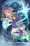  boots brown_hair channelsquare dress freckles glasses hair_over_one_eye hairband hat kagari_atsuko little_witch_academia long_hair lotte_jansson multiple_girls open_mouth orange_hair pale_skin pink_hair purple_hair red_eyes short_hair skirt smile sucy_manbavaran witch witch_hat 