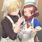  androgynous apron artist_name bangs black_shirt blonde_hair blue_eyes blunt_bangs blush bridgette_(granblue_fantasy) brown_hair chef_hat chef_uniform closed_eyes closed_mouth cordelia_garnet evil_grin evil_smile feeding food gradient gradient_background granblue_fantasy grin hair_over_one_eye harvin hat holding holding_pot ladle looking_at_another multiple_girls obui parted_lips pointy_ears pot reverse_trap shirt short_hair signature smile soup steam turtleneck white_apron 