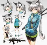  animal_ears arms_up assault_rifle bad_id bad_pixiv_id bangs between_breasts bike_shorts black_eyes blush breasts character_sheet closed_mouth concept_art eyebrows_visible_through_hair foregrip g36 gradient gradient_background grey_eyes grey_hair gun hair_between_eyes hands_in_pockets kneehighs long_hair looking_at_viewer medium_breasts multiple_views open_mouth original parted_lips ponytail rifle sidelocks silver_hair sketch sling smile strap_cleavage suppressor swav very_long_hair weapon white_legwear 