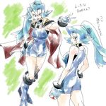  1girl bare_arms bare_shoulders bare_thighs blue_eyes blue_gloves blue_hair boots bracelet breasts cape earrings gloves gym_leader high_ponytail ibuki_(pokemon) large_breasts long_hair looking_back open_mouth outstretched_arm pokeball pokemon pokemon_(game) pokemon_hgss ponytail text 