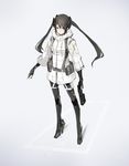  black_hair boots closed_mouth coat full_body grey_eyes gun handgun high_heel_boots high_heels holding holding_gun holding_weapon long_hair neco original pistol science_fiction solo twintails weapon 