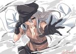  bangs black_gloves black_hat black_skirt blush breasts brown_eyes cleavage closed_mouth collarbone cowboy_shot ebifurya eyebrows_visible_through_hair gangut_(kantai_collection) gloves grey_hair hair_between_eyes hand_on_headwear hand_up hat jacket jacket_on_shoulders kantai_collection long_hair looking_at_viewer medium_breasts miniskirt no_bra peaked_cap reaching_out remodel_(kantai_collection) short_sleeves sidelocks skirt smoke solo twitter_username white_jacket 