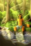  4_toes anthro barefoot black_nose canine clothed clothing detailed_background digitigrade forest fox fur male mammal orange_fur outside sitting smile solo sunlight toes topless tree wolfirry 