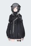  black_jacket commentary frown grey_background grey_eyes grey_hair headgear holster jacket light_frown looking_at_viewer neco original science_fiction short_hair simple_background sleeves_past_wrists solo strap thigh_holster 