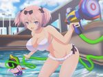  1girl bad_id bad_pixiv_id bikini blue_eyes bow breasts furiruno hair_bow hibari_(senran_kagura) highres large_breasts looking_at_viewer open_mouth pink_hair senran_kagura senran_kagura_peach_beach_splash short_hair short_twintails smile solo swimsuit symbol-shaped_pupils twintails water water_gun 