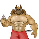  2017 abs absurd_res anthro barazoku biceps big_muscles canine clothed clothing dessert digital_media_(artwork) dog food fur german_shepherd hair hi_res ice_cream kemono male mammal manly muscular muscular_male nipples pecs signature simple_background solo white_background 