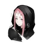  3: closed_mouth flying_sweatdrops hood hood_up long_hair looking_at_viewer lowres mask mask_removed neco original pink_eyes pink_hair science_fiction sidelocks simple_background solo upper_body white_background 
