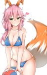  absurdres animal_ear_fluff animal_ears ball bangs bikini blue_bikini blush breasts cleavage closed_mouth collarbone commentary_request eyebrows_visible_through_hair fate/extra fate/grand_order fate_(series) fox_ears fox_tail hair_tie heart highres large_breasts legs_apart long_hair looking_at_viewer motion_lines moyoron navel pink_hair side-tie_bikini simple_background smile solo standing swimsuit tail tamamo_(fate)_(all) tamamo_no_mae_(fate) tamamo_no_mae_(swimsuit_lancer)_(fate) transparent white_background yellow_eyes 