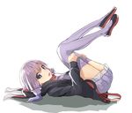  :o bangs blue_eyes flats from_side full_body hood hoodie legs_up light_smile long_hair looking_at_viewer low_twintails lying on_back open_clothes open_hoodie oweee plantar_flexion purple_hair purple_legwear ribbed_legwear shadow simple_background solo suspenders thighhighs thighs twintails vocaloid voiceroid white_background yuzuki_yukari 