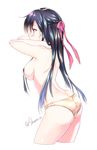  adjusting_hair arched_back armpits arms_up ass black_hair bow breasts butt_crack commentary_request cropped_legs from_side hair_bow hair_censor hair_over_breasts highres leaning_forward long_hair looking_afar looking_away medium_breasts original panties pink_bow profile red_eyes shouna_mitsuishi sideboob solo standing tareme topless twitter_username underwear underwear_only very_long_hair yellow_panties 