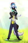  4_toes anthro blue_hair blue_nose canine clothed clothing dog duo female fur hair male mammal open_mouth smile teeth toes tongue white_fur wolfirry 