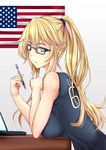  alternate_costume alternate_hairstyle american_flag bangs bare_arms bare_shoulders basketball_uniform bespectacled black-framed_eyewear blonde_hair blue_eyes blush breast_rest breasts closed_mouth commentary_request computer from_side glasses iowa_(kantai_collection) kantai_collection kuurunaitsu laptop large_breasts long_hair looking_at_viewer looking_to_the_side ponytail sidelocks solo sportswear star star-shaped_pupils stylus symbol-shaped_pupils upper_body 
