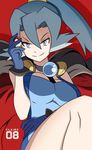  1girl bare_arms bare_legs bare_thighs blue_eyes blue_gloves breasts cape character_name epaulettes gloves high_ponytail holding holding_poke_ball ibuki_(pokemon) large_breasts long_hair pearl pokeball pokemon pokemon_(game) pokemon_hgss ponytail red_background simple_background smile vivivoovoo 