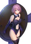  black_legwear breasts cleavage cleavage_cutout closed_mouth collar commentary_request cowboy_shot elbow_gloves expressionless fate/grand_order fate_(series) gloves groin hair_over_one_eye large_breasts leotard looking_at_viewer mash_kyrielight navel navel_cutout northman pink_hair purple_eyes purple_gloves purple_leotard shield short_hair solo standing stomach tareme thick_eyebrows thigh_strap thighhighs thighs 