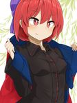  bangs black_shirt blue_bow bow breasts cape collared_shirt commentary_request hair_bow highres red_eyes red_hair scar sekibanki shirt short_hair small_breasts smile solo touhou tyouseki upper_body wing_collar 