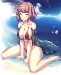  1girl ahoge bald bangs beach between_legs bikini blue_sky blush breasts brown_eyes brown_hair cardigan cleavage cloud cloudy_sky collarbone commentary_request day dev eyebrows_visible_through_hair hand_between_legs highres large_breasts looking_at_viewer nail_polish navel ocean open_cardigan open_clothes original outdoors parted_lips purple_nails red_bikini shark_fin sitting sky solo_focus swimsuit thighs thumbs_up toenail_polish wariza wet wet_clothes 
