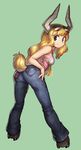  alternate_costume ass bare_shoulders bent_over blonde_hair boku_no_hero_academia breasts casual commentary_request denim eyewear_on_head from_behind full_body green_background green_eyes heart highres hooves horns horse_tail jeans long_hair looking_at_viewer looking_back medium_breasts murakami_hisashi pants pocket smile solo standing star star_print sunglasses tail tail_through_clothes tank_top tsunotori_pony 