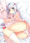  aqua_eyes artist_name ass bangs blouse blush closed_mouth commentary_request dakimakura_(object) eromanga_sensei eyebrows_visible_through_hair frills frown izumi_sagiri kneehighs long_hair long_sleeves looking_at_viewer lying manyako_(mohumohu) on_side pajamas panties pillow pink_blouse pink_panties shiny shiny_hair signature silver_hair solo tareme thighs underwear white_hair white_legwear 