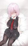  bed_sheet black_dress black_legwear blush breasts covered_navel covered_nipples dress fate/grand_order fate_(series) hair_over_one_eye highres large_breasts looking_at_viewer mash_kyrielight mitsudoue necktie on_bed open_mouth pantyhose purple_eyes purple_hair red_neckwear short_dress short_hair sitting sleeveless solo 