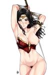  areola_slip areolae armor armpits arms_up black_hair blush bottomless breasts broken_armor brown_eyes dc_comics headpiece highres hips lips long_hair medium_breasts navel nipples one_breast_out pubic_hair simple_background solo sweat thighs white_background wonder_woman wonder_woman_(series) xtermination 