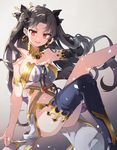  armlet bare_shoulders black_hair black_ribbon breasts chibirisu cleavage crown detached_sleeves earrings fate/grand_order fate_(series) floating_hair gradient gradient_background hair_ribbon hand_in_hair highres hoop_earrings ishtar_(fate/grand_order) jewelry leg_up long_hair long_legs medium_breasts midriff navel parted_lips red_eyes ribbon single_sleeve single_thighhigh sitting solo thighhighs two_side_up very_long_hair 